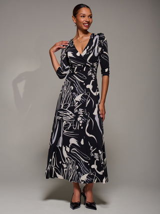 Jersey Ruched Waist Fit & Flare Maxi Dress, Black Abstract