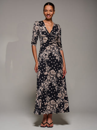 Jersey Ruched Waist Fit & Flare Maxi Dress, Black Floral