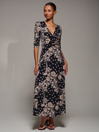 Jersey Ruched Waist Fit & Flare Maxi Dress, Black Floral