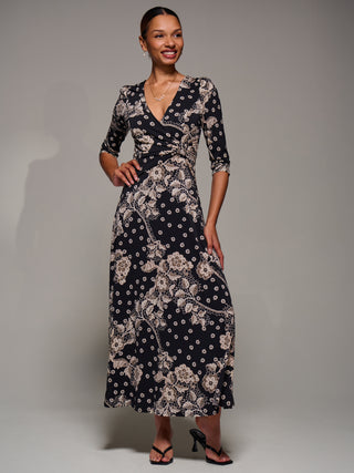 Jersey Ruched Waist Fit & Flare Maxi Dress, Black Floral