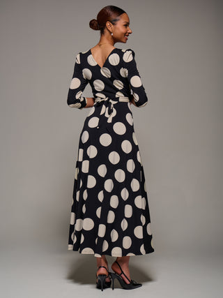Jersey Ruched Waist Fit & Flare Maxi Dress, Black Polka Dot