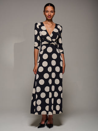 Jersey Ruched Waist Fit & Flare Maxi Dress, Black Polka Dot