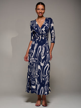 Jersey Ruched Waist Fit & Flare Maxi Dress, Navy Abstract