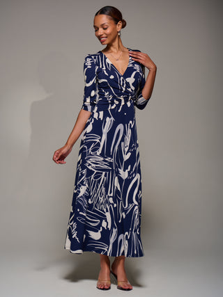 Jersey Ruched Waist Fit & Flare Maxi Dress, Navy Abstract