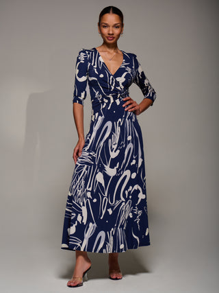 Jersey Ruched Waist Fit & Flare Maxi Dress, Navy Abstract