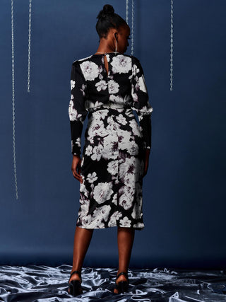 Print Satin Wrap Bodycon Dress, Black Floral