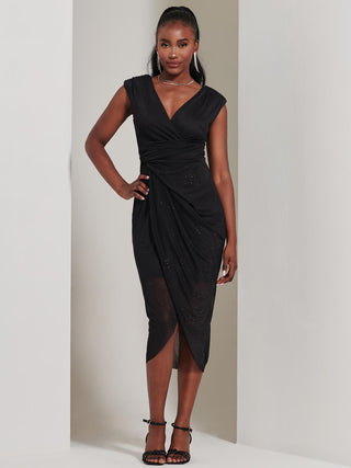 Embellished Ruched Mesh Midi Dress, Black