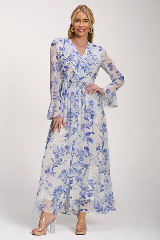 Long Sleeve Chiffon Ruffle Maxi Dress, Blue Floral