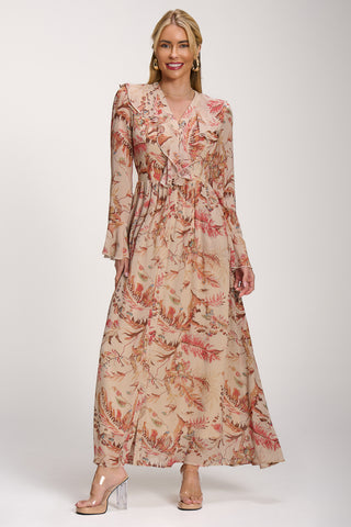 Long Sleeve Chiffon Ruffle Maxi Dress, Orange Multi