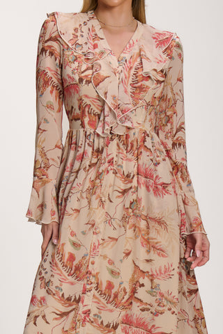 Long Sleeve Chiffon Ruffle Maxi Dress, Orange Multi