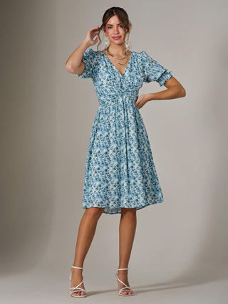 Puff Sleeve Midi Dress, Blue Floral