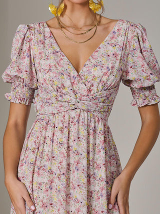 Puff Sleeve Midi Dress, Pink Floral