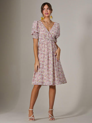 Puff Sleeve Midi Dress, Pink Floral
