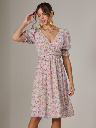 Puff Sleeve Midi Dress, Pink Floral