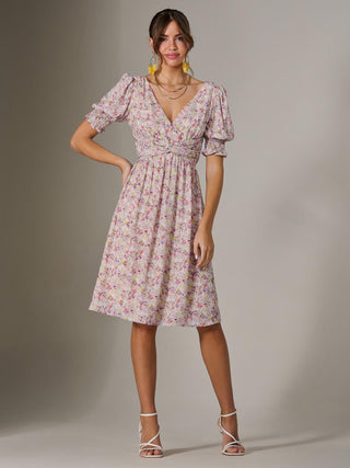 Puff Sleeve Midi Dress, Pink Floral