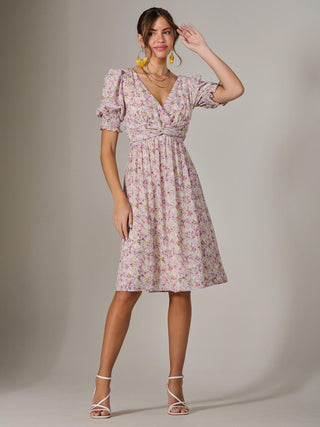 Puff Sleeve Midi Dress, Pink Floral