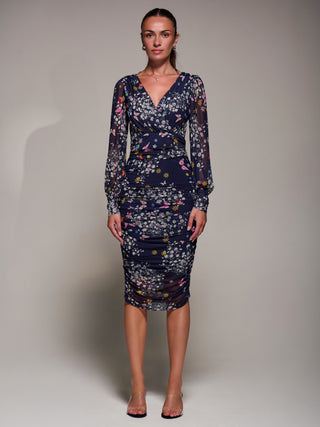 Long Sleeve Ruched Mesh Midi Dress, Navy Floral