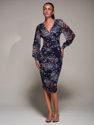 Long Sleeve Ruched Mesh Midi Dress, Navy Floral