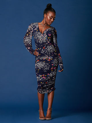 Long Sleeve Ruched Mesh Midi Dress, Navy Floral