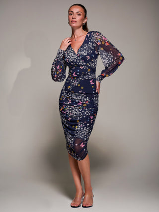 Long Sleeve Ruched Mesh Midi Dress, Navy Floral