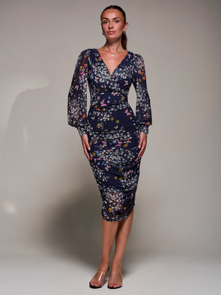Long Sleeve Ruched Mesh Midi Dress, Navy Floral