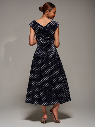 Cowl Neckline Draped Velvet Midaxi Dress, Black Polka Dot