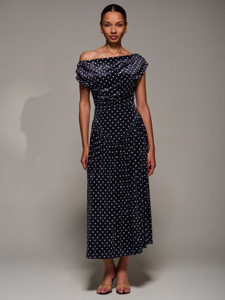 Cowl Neckline Draped Velvet Midaxi Dress, Black Polka Dot