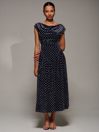 Cowl Neckline Draped Velvet Midaxi Dress, Black Polka Dot