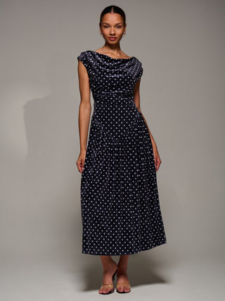 Cowl Neckline Draped Velvet Midaxi Dress, Black Polka Dot