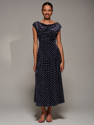 Cowl Neckline Draped Velvet Midaxi Dress, Black Polka Dot