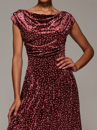 Cowl Neckline Draped Velvet Midaxi Dress, Burgundy Polka Dot