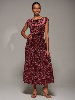 Cowl Neckline Draped Velvet Midaxi Dress, Burgundy Polka Dot