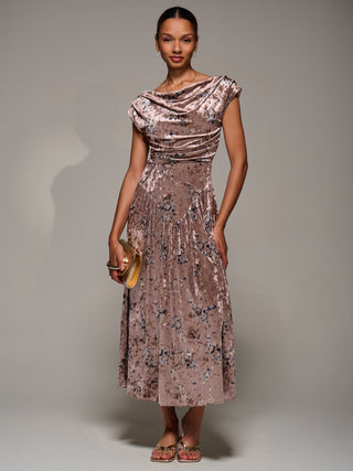 Cowl Neckline Draped Velvet Midaxi Dress, Neutral Floral