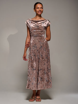 Cowl Neckline Draped Velvet Midaxi Dress, Neutral Floral