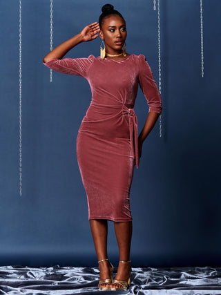 3/4 Sleeve Tie Detail Velvet Midi Dress, Pink