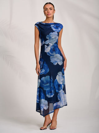 Asymmetric Draped Mesh Midaxi Dress, Blue Floral