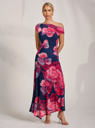 Asymmetric Draped Mesh Midaxi Dress, Fuchsia Floral