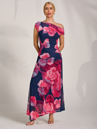 Asymmetric Draped Mesh Midaxi Dress, Fuchsia Floral