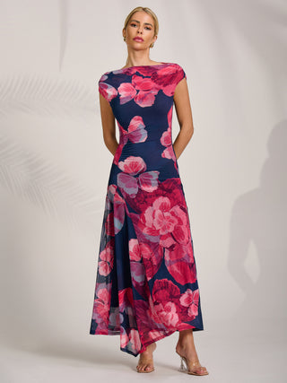 Asymmetric Draped Mesh Midaxi Dress, Fuchsia Floral