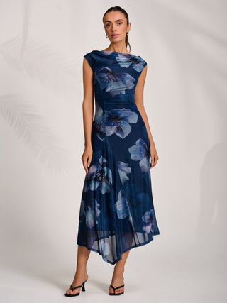 Asymmetric Draped Mesh Midaxi Dress, Navy Floral
