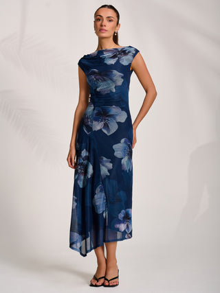 Asymmetric Draped Mesh Midaxi Dress, Navy Floral