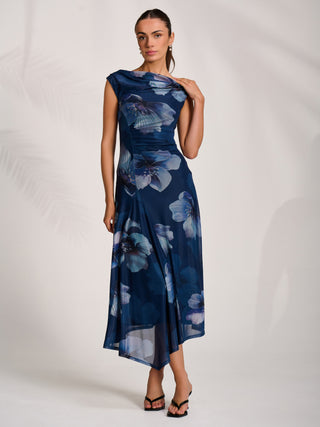 Asymmetric Draped Mesh Midaxi Dress, Navy Floral