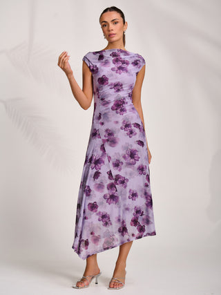 Asymmetric Draped Mesh Midaxi Dress, Purple Floral