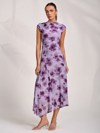 Asymmetric Draped Mesh Midaxi Dress, Purple Floral