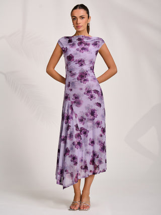 Asymmetric Draped Mesh Midaxi Dress, Purple Floral