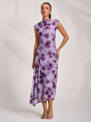 Asymmetric Draped Mesh Midaxi Dress, Purple Floral