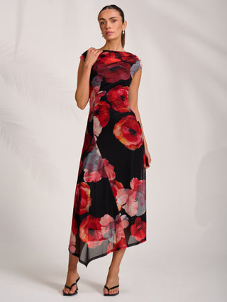 Asymmetric Draped Mesh Midaxi Dress, Red Floral