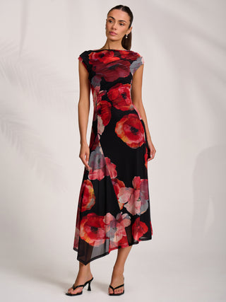 Asymmetric Draped Mesh Midaxi Dress, Red Floral