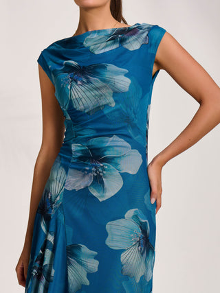 Asymmetric Draped Mesh Midaxi Dress, Teal Floral