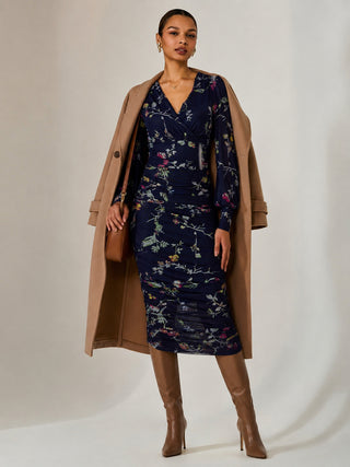 Mesh Long Sleeve Ruched Bodycon Dress, Navy Red Floral